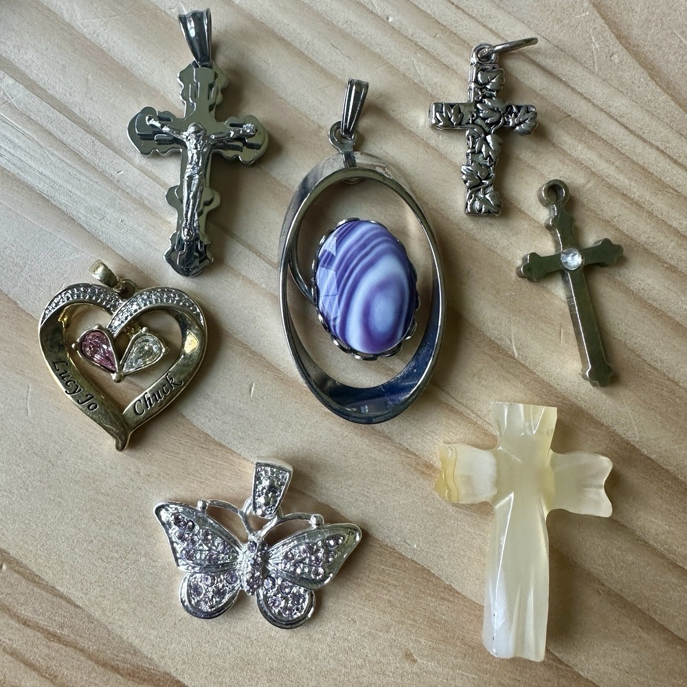 Vintage Pendants 1-1.75 Inch 7 Item Lot Cross Heart Butterfly Metal Stone Glass